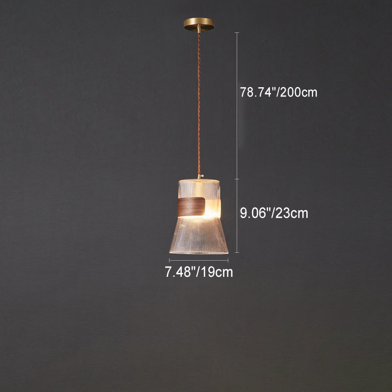 Forme de tasse rétro contemporaine en verre cannelé en laiton bois 1 - Suspension lumineuse pour le salon 