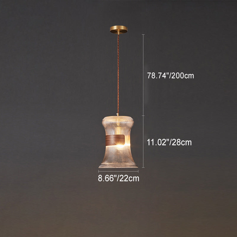 Forme de tasse rétro contemporaine en verre cannelé en laiton bois 1 - Suspension lumineuse pour le salon 