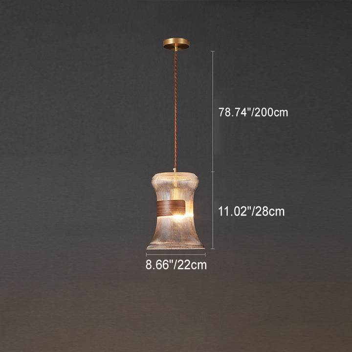 Forme de tasse rétro contemporaine en verre cannelé en laiton bois 1 - Suspension lumineuse pour le salon 