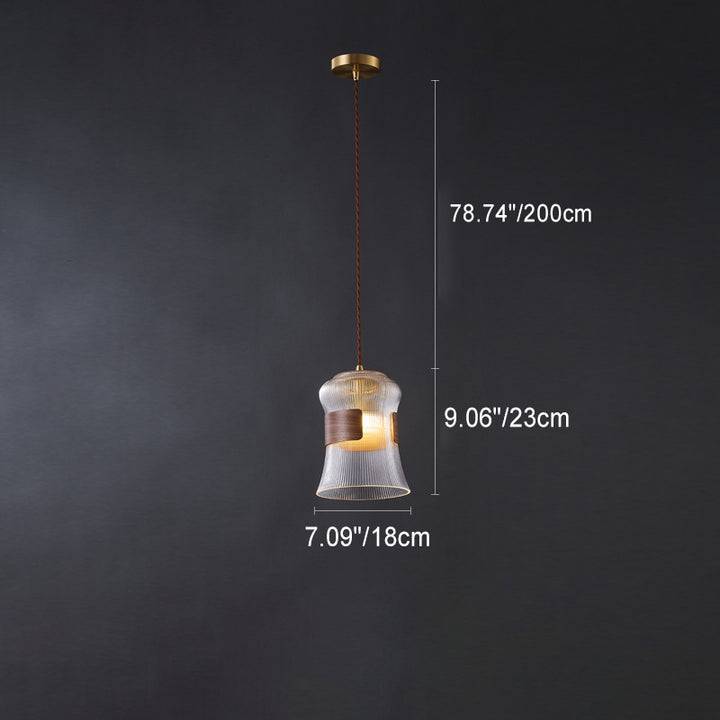 Forme de tasse rétro contemporaine en verre cannelé en laiton bois 1 - Suspension lumineuse pour le salon 