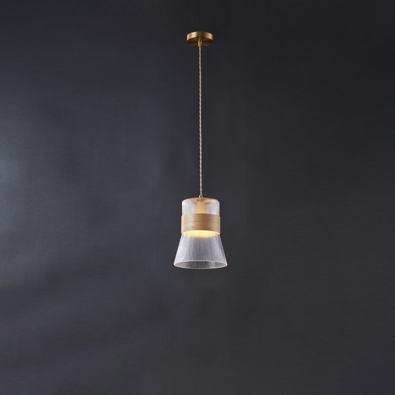 Forme de tasse rétro contemporaine en verre cannelé en laiton bois 1 - Suspension lumineuse pour le salon 