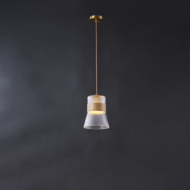 Forme de tasse rétro contemporaine en verre cannelé en laiton bois 1 - Suspension lumineuse pour le salon 