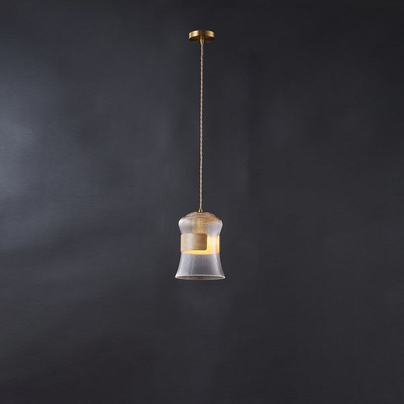 Forme de tasse rétro contemporaine en verre cannelé en laiton bois 1 - Suspension lumineuse pour le salon 