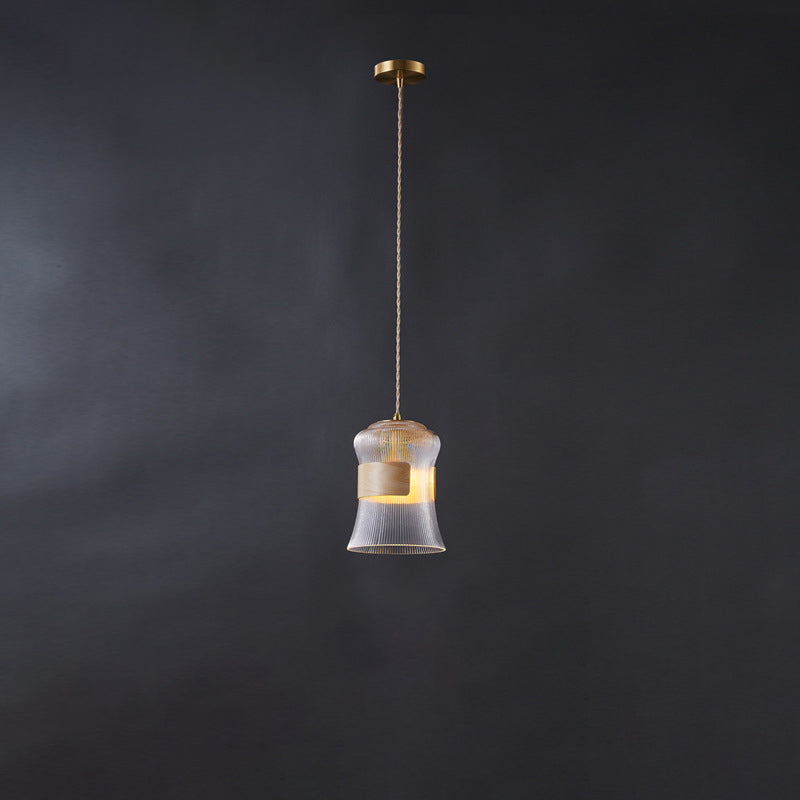 Forme de tasse rétro contemporaine en verre cannelé en laiton bois 1 - Suspension lumineuse pour le salon 
