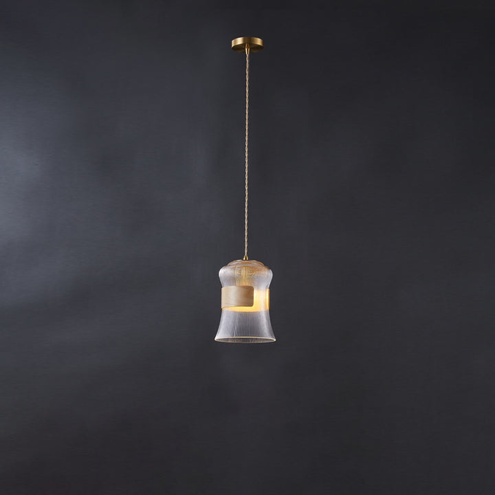 Forme de tasse rétro contemporaine en verre cannelé en laiton bois 1 - Suspension lumineuse pour le salon 