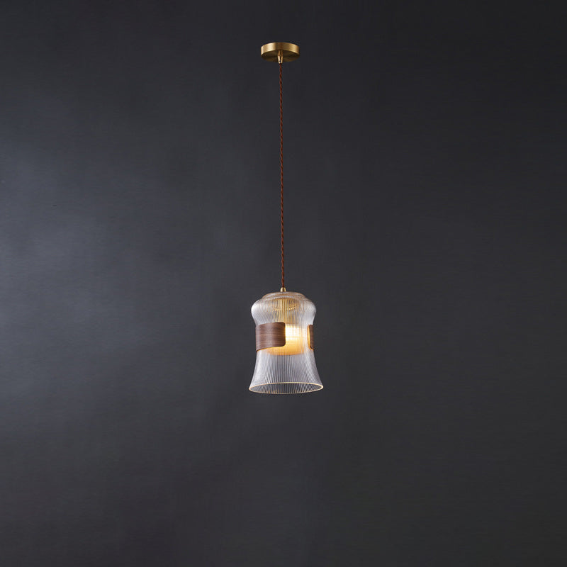 Forme de tasse rétro contemporaine en verre cannelé en laiton bois 1 - Suspension lumineuse pour le salon 