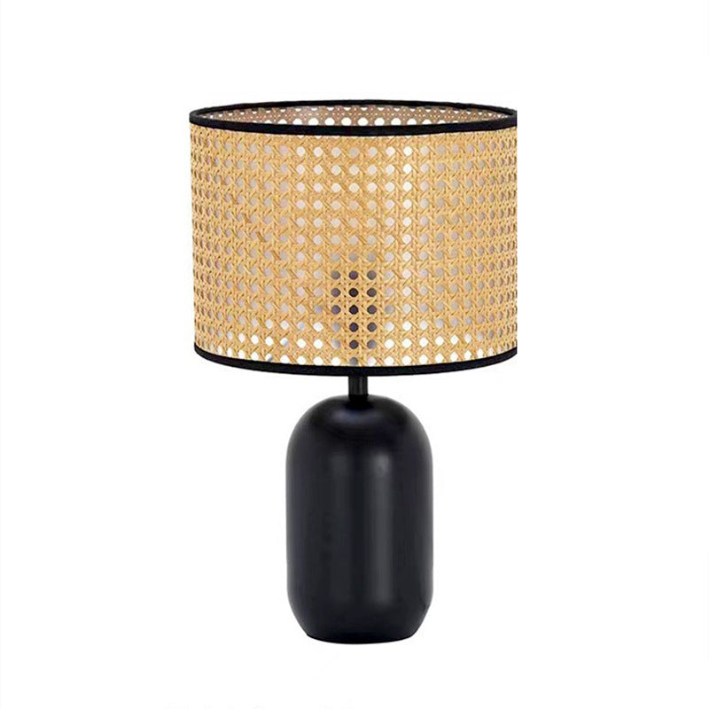 Lampe de table 1 lumière en fer en forme de tambour en rotin tissé rétro contemporain pour chambre 