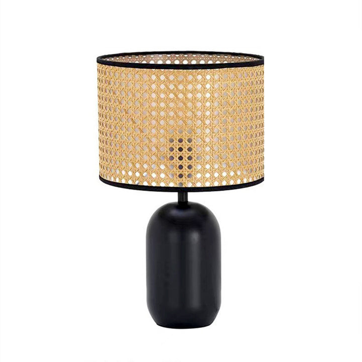 Lampe de table 1 lumière en fer en forme de tambour en rotin tissé rétro contemporain pour chambre 