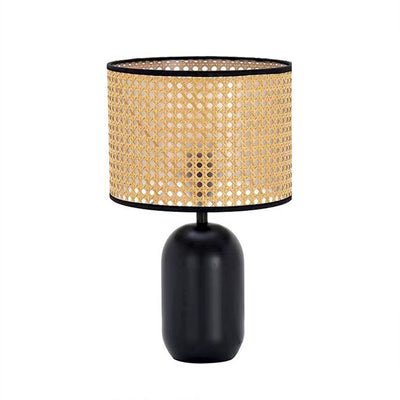 Zeitgenössische Retro Massivholz Metall Stoff Zylinder Gedruckt Blume 1-Licht Tischlampe Für Schlafzimmer 