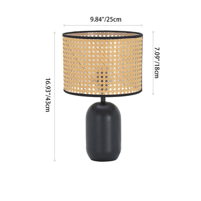 Zeitgenössische Retro Massivholz Metall Stoff Zylinder Gedruckt Blume 1-Licht Tischlampe Für Schlafzimmer 
