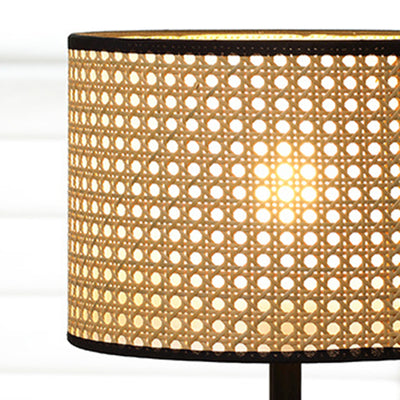 Zeitgenössische Retro Massivholz Metall Stoff Zylinder Gedruckt Blume 1-Licht Tischlampe Für Schlafzimmer 