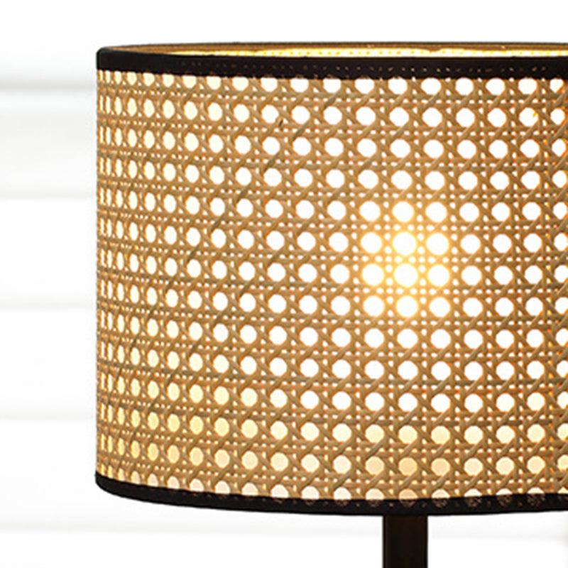Zeitgenössische Retro Massivholz Metall Stoff Zylinder Gedruckt Blume 1-Licht Tischlampe Für Schlafzimmer 
