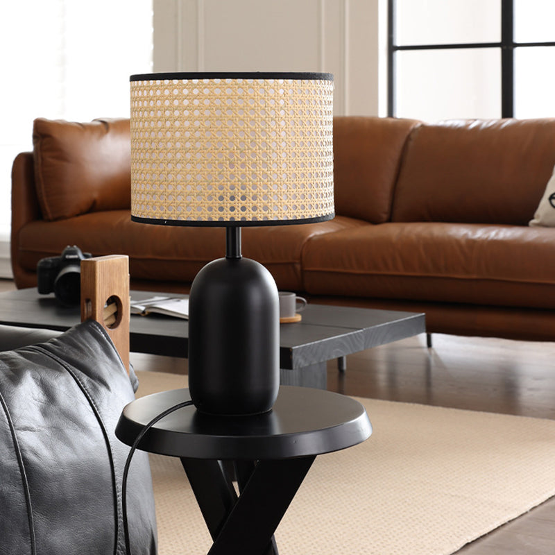 Lampe de table 1 lumière en fer en forme de tambour en rotin tissé rétro contemporain pour chambre 