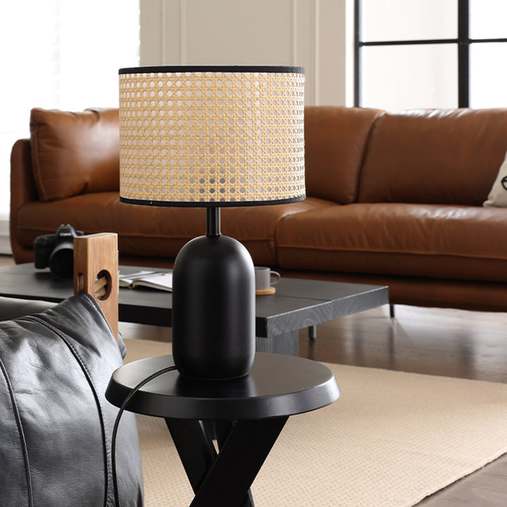 Lampe de table 1 lumière en fer en forme de tambour en rotin tissé rétro contemporain pour chambre 