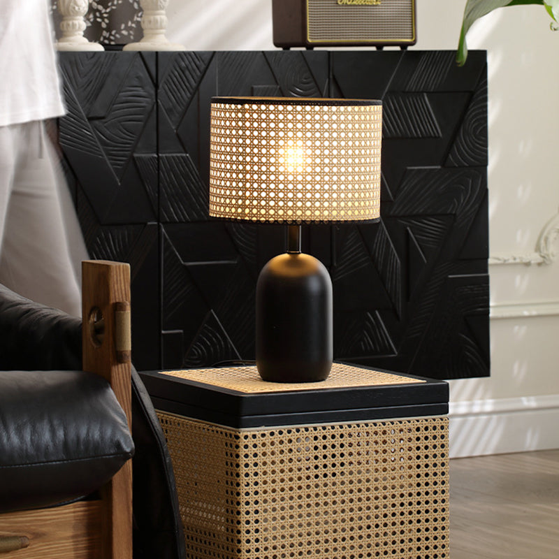 Lampe de table 1 lumière en fer en forme de tambour en rotin tissé rétro contemporain pour chambre 
