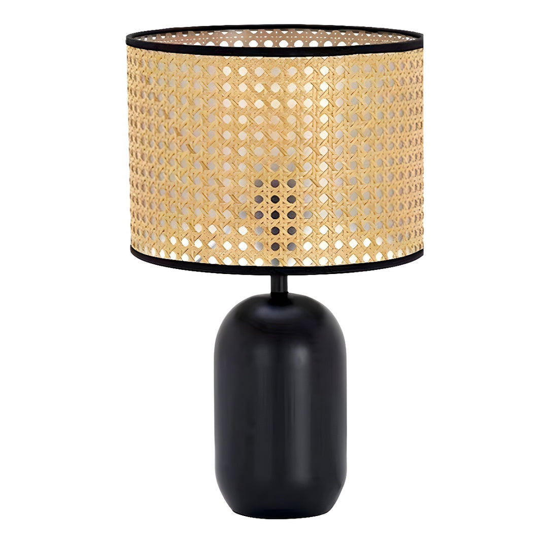 Lampe de table 1 lumière en fer en forme de tambour en rotin tissé rétro contemporain pour chambre 