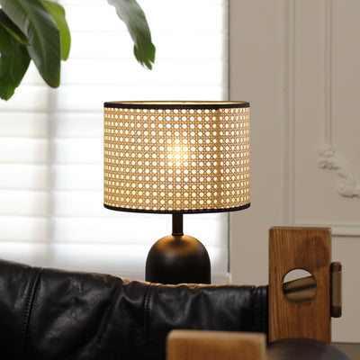 Zeitgenössische Retro Massivholz Metall Stoff Zylinder Gedruckt Blume 1-Licht Tischlampe Für Schlafzimmer 