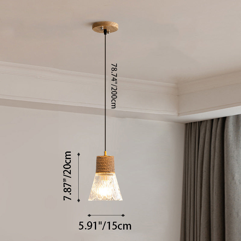 Suspension lumineuse contemporaine nordique en corde de chanvre bois et verre conique à 1 lumière pour salon 