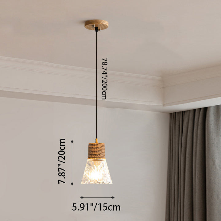 Suspension lumineuse contemporaine nordique en corde de chanvre bois et verre conique à 1 lumière pour salon 