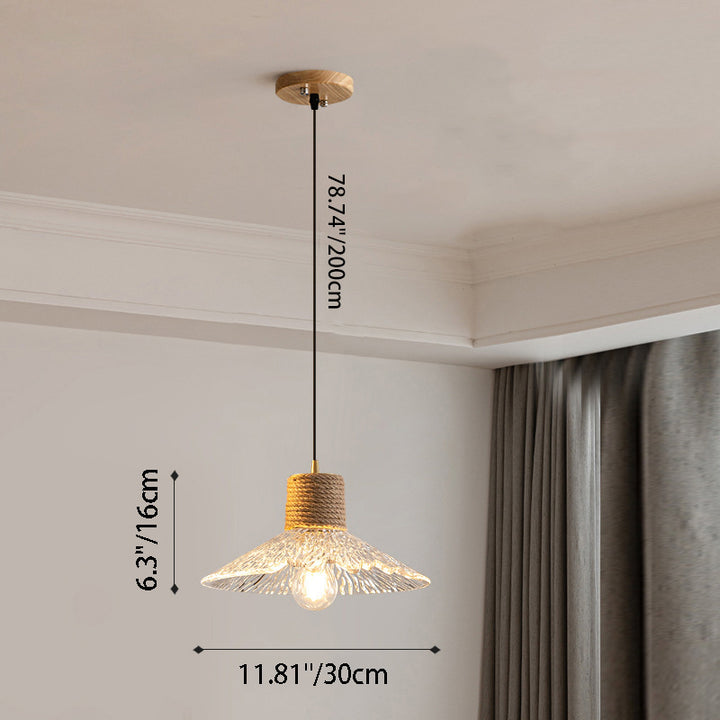 Suspension lumineuse contemporaine nordique en corde de chanvre bois et verre conique à 1 lumière pour salon 