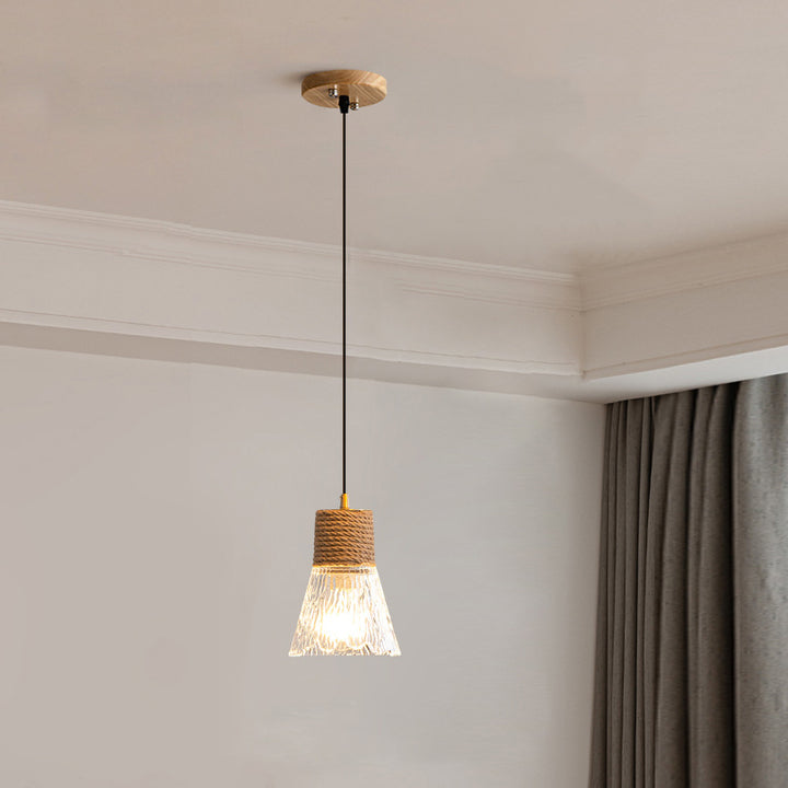 Suspension lumineuse contemporaine nordique en corde de chanvre bois et verre conique à 1 lumière pour salon 