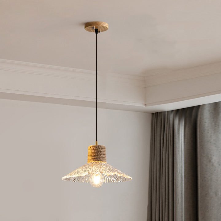 Suspension lumineuse contemporaine nordique en corde de chanvre bois et verre conique à 1 lumière pour salon 