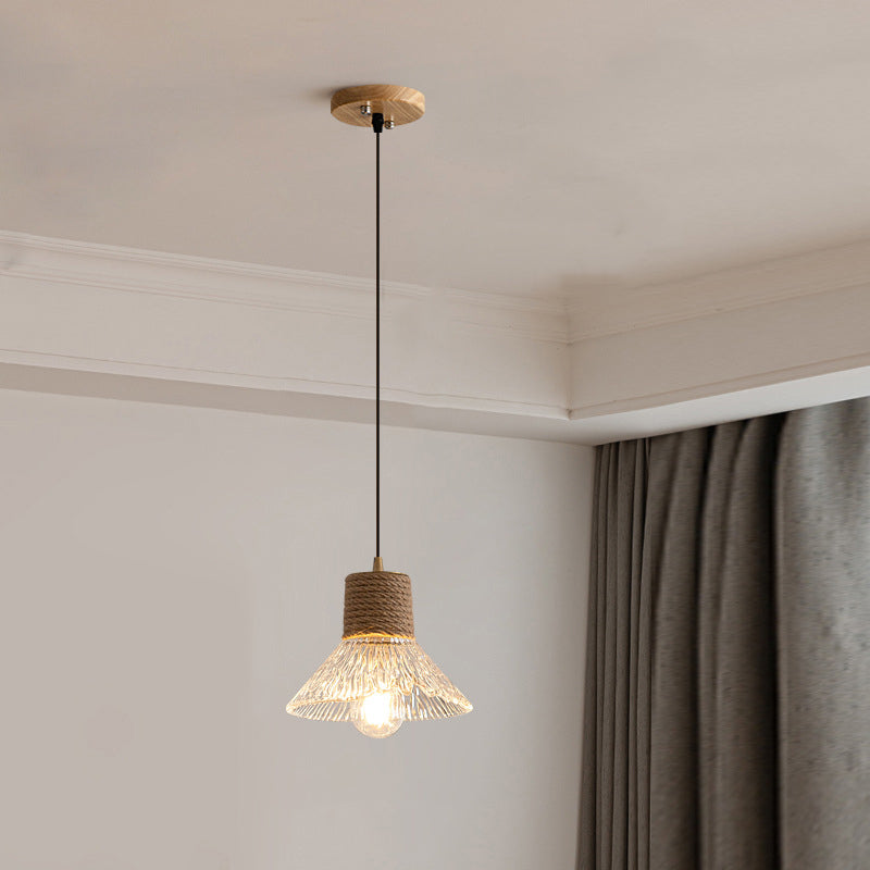 Suspension lumineuse contemporaine nordique en corde de chanvre bois et verre conique à 1 lumière pour salon 