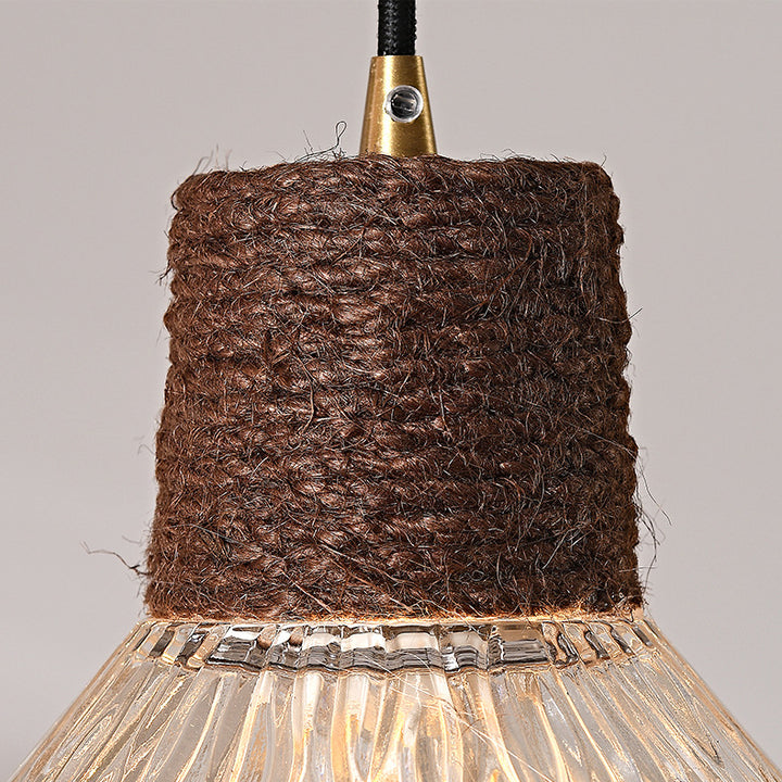 Suspension lumineuse contemporaine nordique en corde de chanvre bois et verre conique à 1 lumière pour salon 