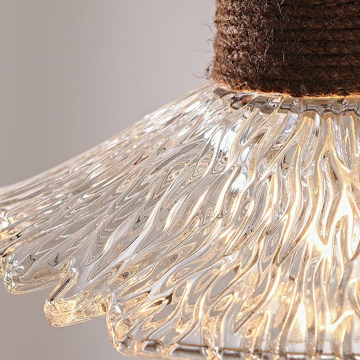 Suspension lumineuse contemporaine nordique en corde de chanvre bois et verre conique à 1 lumière pour salon 