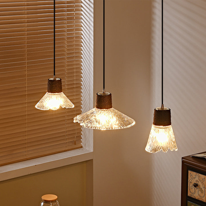 Suspension lumineuse contemporaine nordique en corde de chanvre bois et verre conique à 1 lumière pour salon 