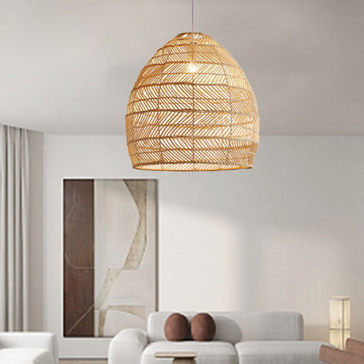 Zeitgenössisches Boho-Holzkorn-Hohlkorb-Rattan 1 - Licht-Pendelleuchte für Esszimmer 