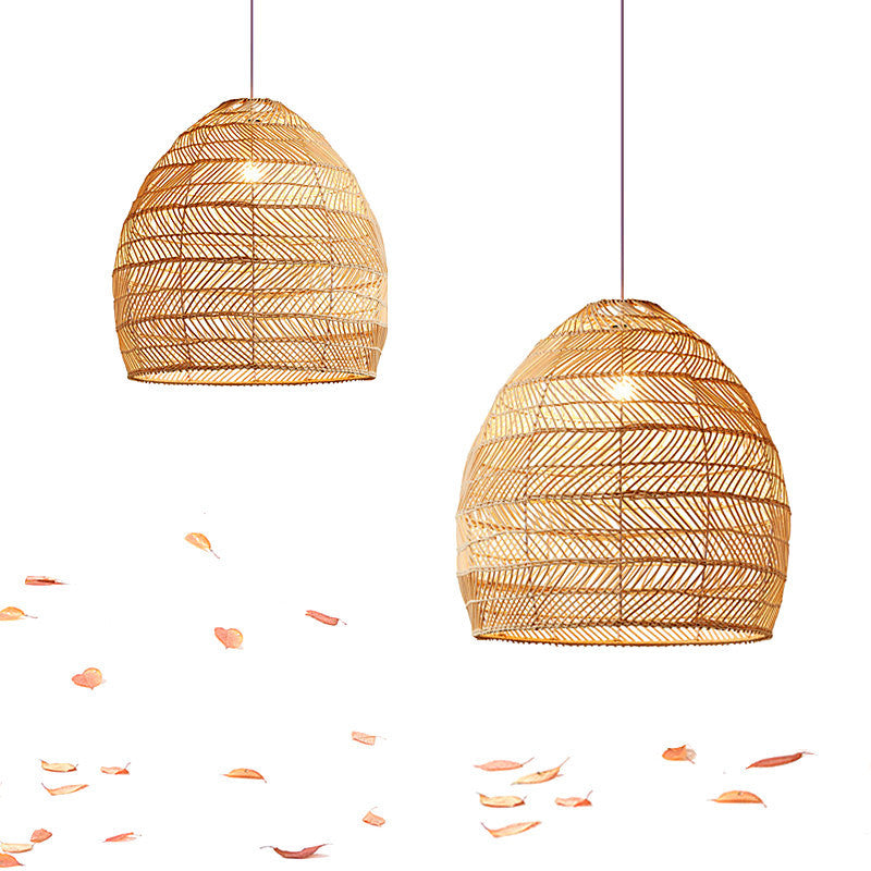 Zeitgenössisches Boho-Holzkorn-Hohlkorb-Rattan 1 - Licht-Pendelleuchte für Esszimmer 