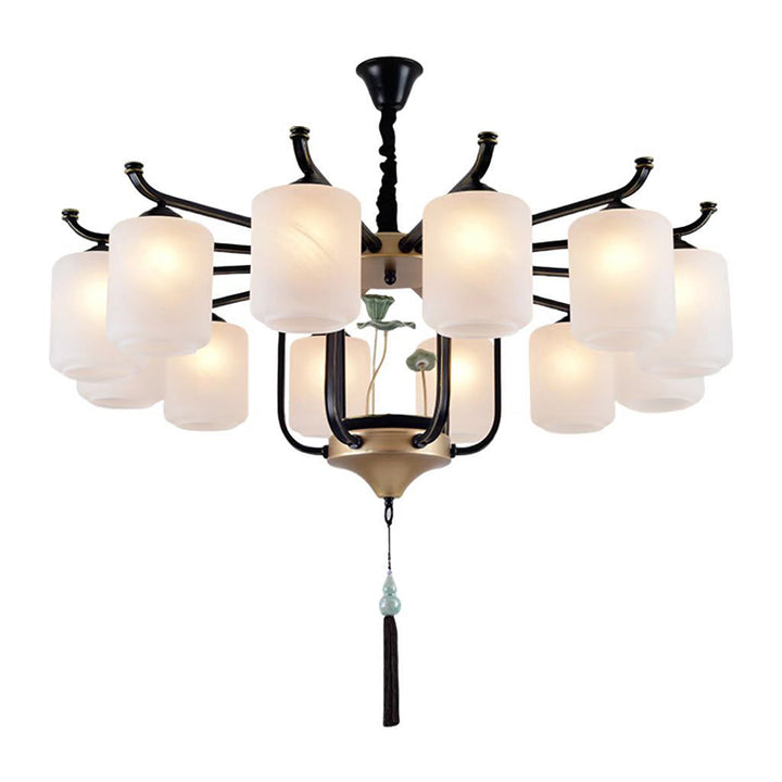 Traditioneller chinesischer Zylinderschirm Quaste Eisen Glas 6/8/10/12/18-Licht Kronleuchter für Esszimmer 