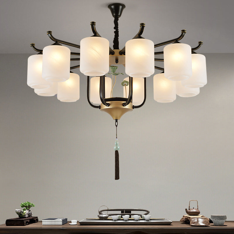 Traditioneller chinesischer Zylinderschirm Quaste Eisen Glas 6/8/10/12/18-Licht Kronleuchter für Esszimmer 