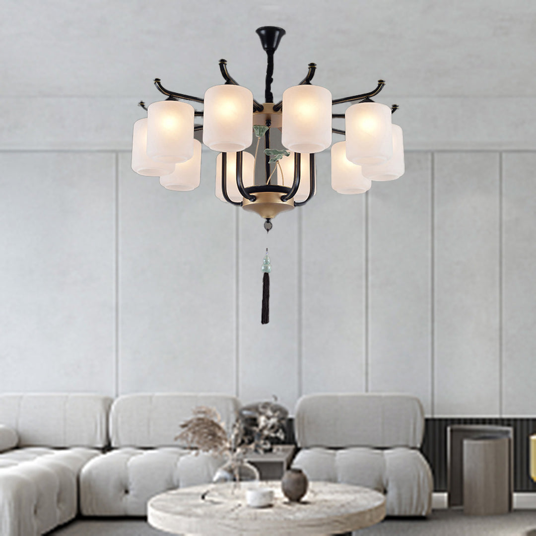 Traditioneller chinesischer Zylinderschirm Quaste Eisen Glas 6/8/10/12/18-Licht Kronleuchter für Esszimmer 