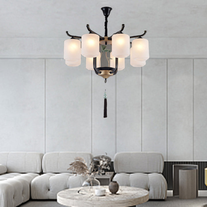 Traditioneller chinesischer Zylinderschirm Quaste Eisen Glas 6/8/10/12/18-Licht Kronleuchter für Esszimmer 