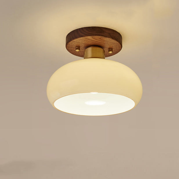 Contemporáneo escandinavo expuesto oculto instalación tambor redondo cuenco de vidrio acanalado hierro madera cobre luz de techo semiempotrada de 1 luz para pasillo 