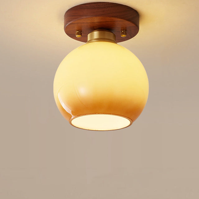 Contemporáneo escandinavo expuesto oculto instalación tambor redondo cuenco de vidrio acanalado hierro madera cobre luz de techo semiempotrada de 1 luz para pasillo 