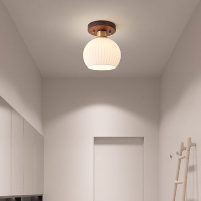 Contemporáneo escandinavo expuesto oculto instalación tambor redondo cuenco de vidrio acanalado hierro madera cobre luz de techo semiempotrada de 1 luz para pasillo 