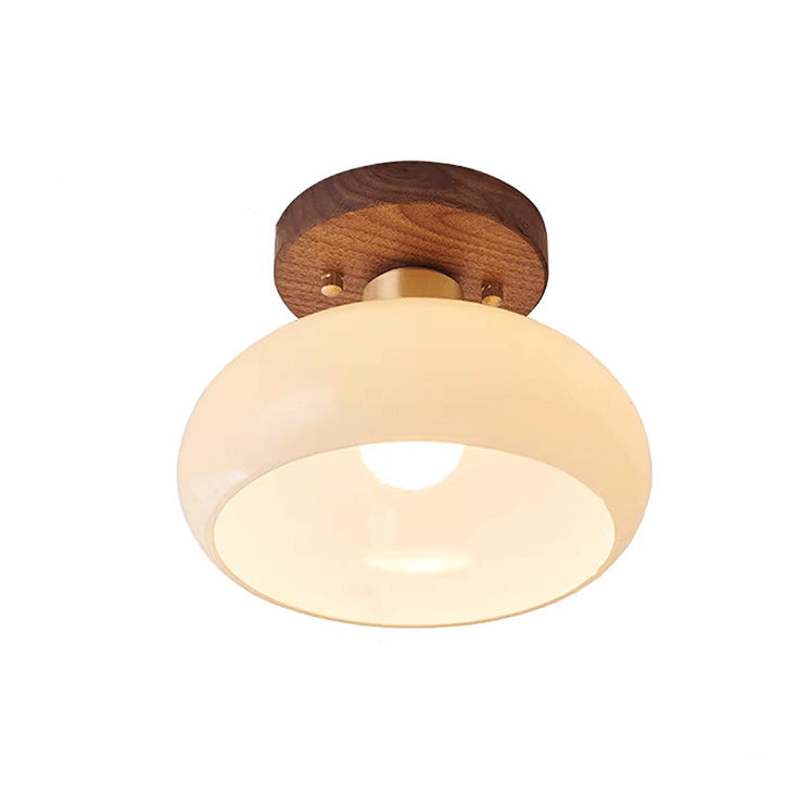 Contemporáneo escandinavo expuesto oculto instalación tambor redondo cuenco de vidrio acanalado hierro madera cobre luz de techo semiempotrada de 1 luz para pasillo 