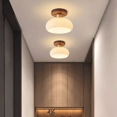 Contemporáneo escandinavo expuesto oculto instalación tambor redondo cuenco de vidrio acanalado hierro madera cobre luz de techo semiempotrada de 1 luz para pasillo 
