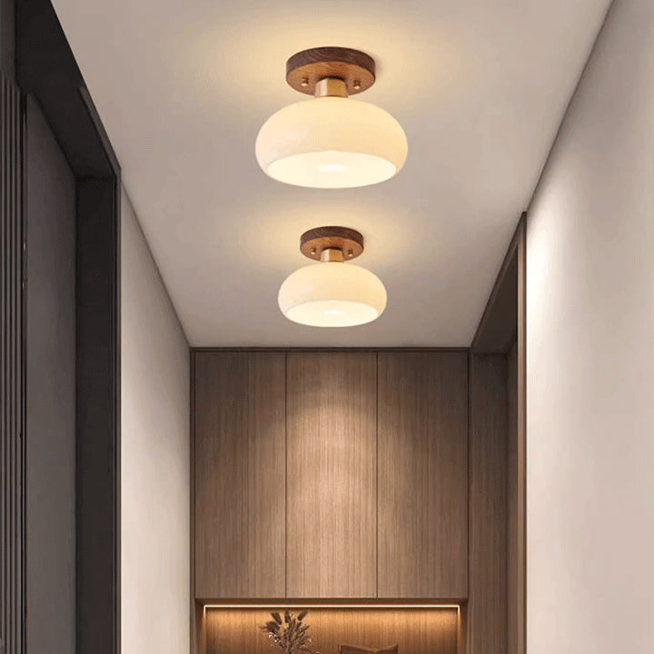 Contemporáneo escandinavo expuesto oculto instalación tambor redondo cuenco de vidrio acanalado hierro madera cobre luz de techo semiempotrada de 1 luz para pasillo 