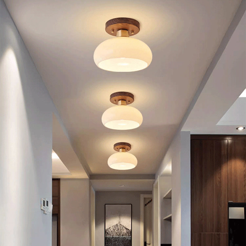 Contemporáneo escandinavo expuesto oculto instalación tambor redondo cuenco de vidrio acanalado hierro madera cobre luz de techo semiempotrada de 1 luz para pasillo 