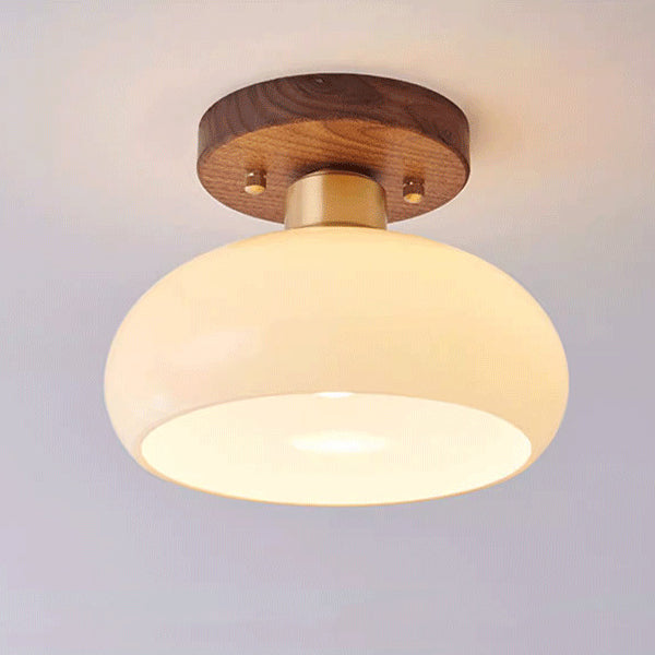 Contemporáneo escandinavo expuesto oculto instalación tambor redondo cuenco de vidrio acanalado hierro madera cobre luz de techo semiempotrada de 1 luz para pasillo 