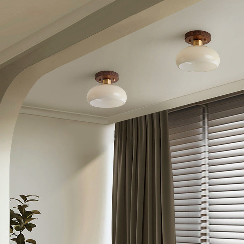 Contemporáneo escandinavo expuesto oculto instalación tambor redondo cuenco de vidrio acanalado hierro madera cobre luz de techo semiempotrada de 1 luz para pasillo 