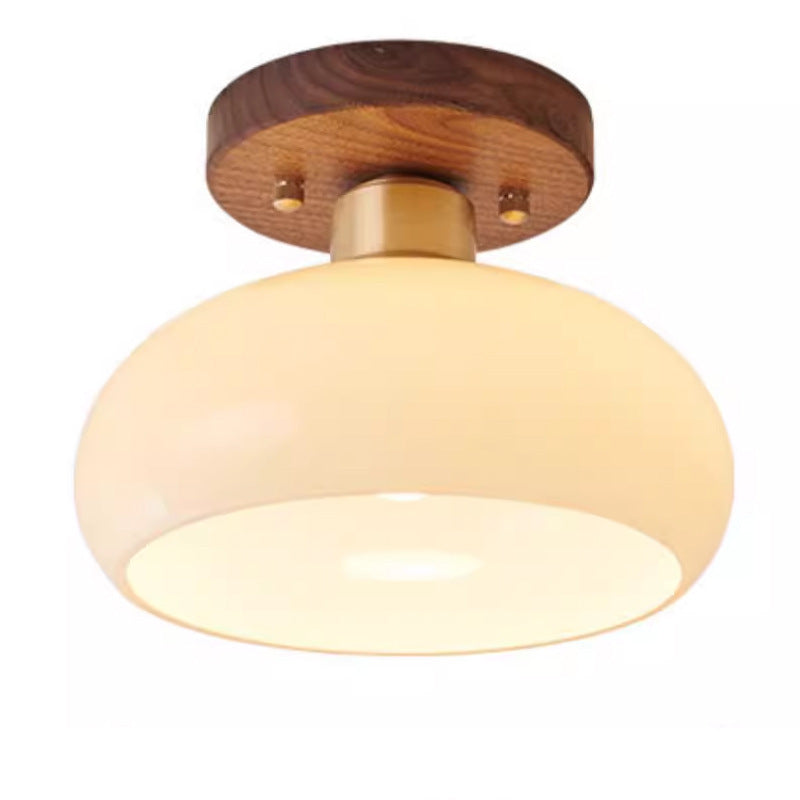 Contemporáneo escandinavo expuesto oculto instalación tambor redondo cuenco de vidrio acanalado hierro madera cobre luz de techo semiempotrada de 1 luz para pasillo 
