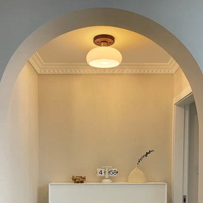 Contemporáneo escandinavo expuesto oculto instalación tambor redondo cuenco de vidrio acanalado hierro madera cobre luz de techo semiempotrada de 1 luz para pasillo 