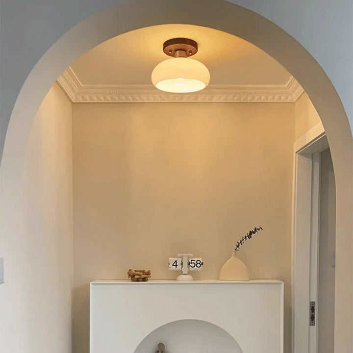 Contemporáneo escandinavo expuesto oculto instalación tambor redondo cuenco de vidrio acanalado hierro madera cobre luz de techo semiempotrada de 1 luz para pasillo 