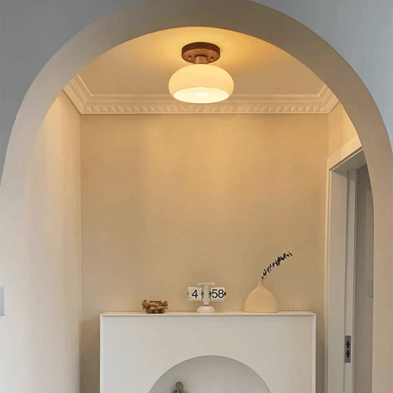 Contemporáneo escandinavo expuesto oculto instalación tambor redondo cuenco de vidrio acanalado hierro madera cobre luz de techo semiempotrada de 1 luz para pasillo 