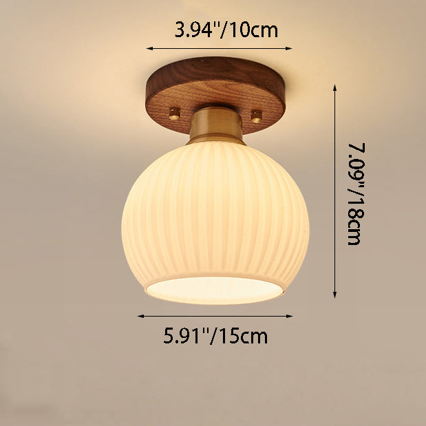 Contemporáneo escandinavo expuesto oculto instalación tambor redondo cuenco de vidrio acanalado hierro madera cobre luz de techo semiempotrada de 1 luz para pasillo 